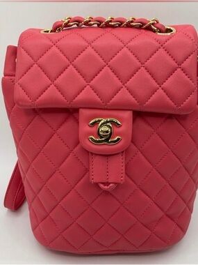 CHANEL Quilted Leather Backpack in Coral Pink with Gold Hardware